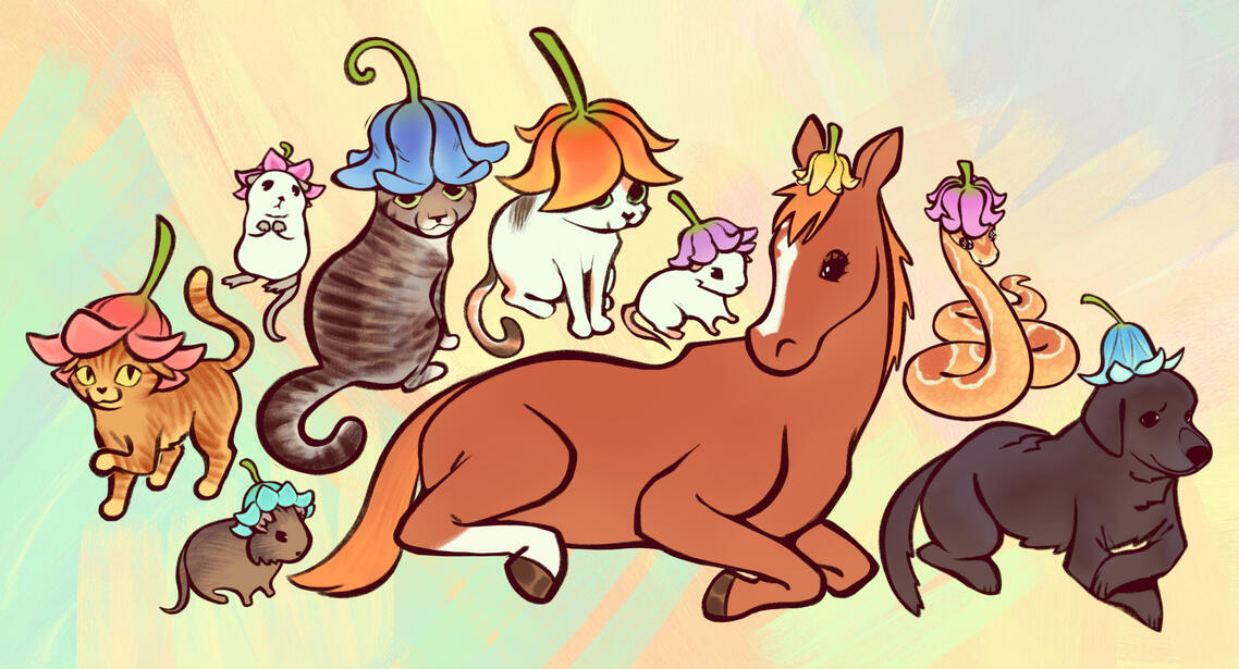 Various Animals In Tulip Hats